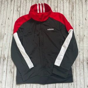 Adidas Youth Boys Full Zip Track Jacket Size 5 Black White Red 3 Stripes Pockets